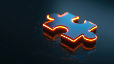 Close-up of a single puzzle piece with glowing neon edges on a dark surface, symbolizing connection, problem-solving, and creativity.の素材