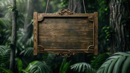 A beautifully crafted wooden signboard suspended in a dense jungle, surrounded by vibrant green tropical plants and trees.の素材