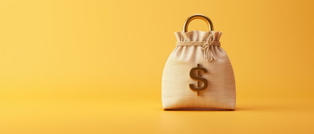 Beige money bag with a dollar sign on a yellow background, representing financial savings, investment, and wealth.の素材