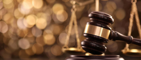 A detailed image of a judge's gavel and scales of justice, symbolizing law and order, with a blurred bokeh background.の素材