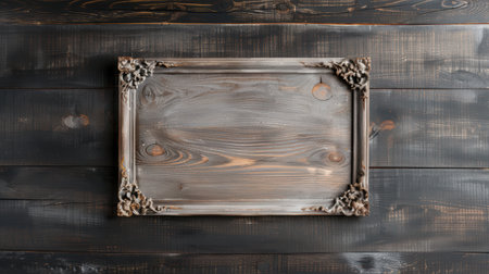 A vintage wooden frame with intricate carvings set against a dark wooden wall, perfect for rustic and antique-themed designs.の素材