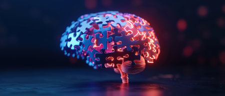 A visually striking image of a brain composed of illuminated puzzle pieces, symbolizing artificial intelligence, technology, and innovation.の素材