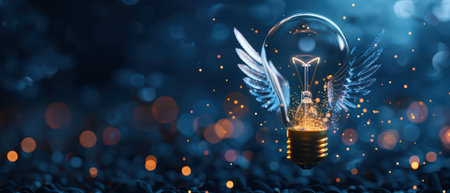A glowing light bulb with wings, representing creativity and innovation, set against a dreamy bokeh background.の素材