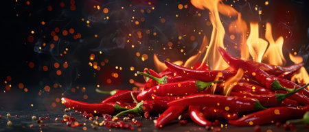 A dynamic image of fresh red chili peppers surrounded by flames and spices, capturing the essence of heat and flavor in culinary art.の素材