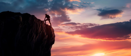 Rock climber scaling a cliff, dramatic clouds in the sky, warm evening glow --ar 7:3 --personalize kjri1vv Job ID: 4932ee94-0963-47aa-894f-931397ed1d08の素材