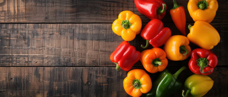 A variety of colorful bell peppers arranged on a rustic wooden table, perfect for healthy cooking, food photography, and vibrant kitchen decor.の素材