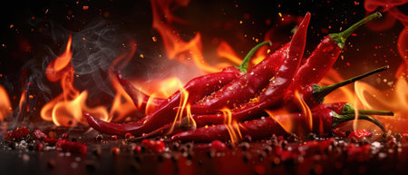 Close-up of vibrant red chili peppers surrounded by flames and smoke, symbolizing spicy food and intense heat.の素材