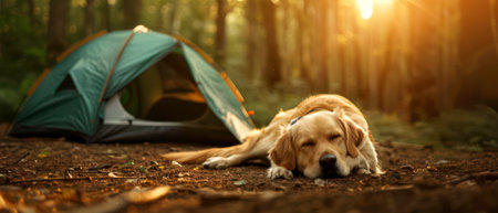 Dog resting by a tent at a forest campsite, morning light, --ar 7:3 --personalize kjri1vv Job ID: fde11c5a-1ada-4213-9b08-8ae92c318170の素材