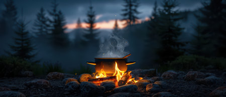 A serene campfire scene in a forest at dusk, featuring a steaming pot over glowing flames, surrounded by rocks and pine trees.の素材