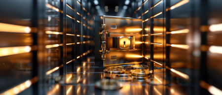High-tech bank vault with an open safe door revealing stacks of gold coins, symbolizing security, wealth, and financial success.の素材