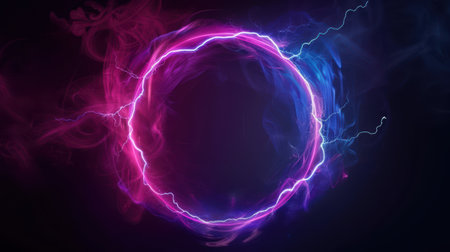 A dynamic neon electric energy ring with vibrant pink and blue lightning, set against a dark background, creating a futuristic and powerful visual effect.の素材