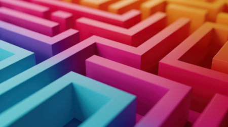 A vibrant 3D abstract maze with gradient colors of red, pink, orange, and blue, forming an intricate geometric pattern.の素材