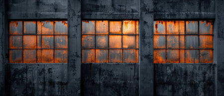 Aged industrial building facade with three large rusty windows, illuminated by warm sunset light, creating a dramatic contrast.の素材