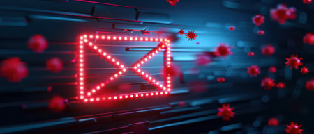 A glowing digital email icon surrounded by virus particles on a dark, futuristic background, symbolizing cybersecurity threats and digital communication risks.の素材
