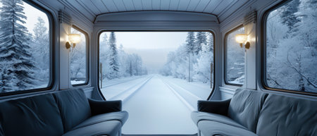 A serene winter landscape viewed from inside a train, showcasing snow-covered trees and a tranquil, frosty atmosphere.の素材