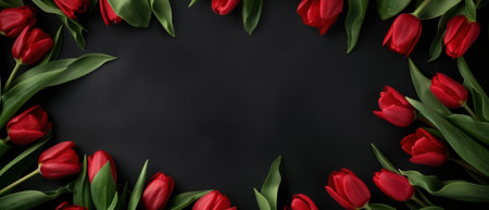 Stunning red tulips with green leaves forming a frame on a black background, perfect for floral and nature-themed designs.の素材