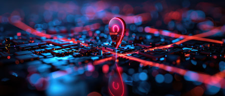 A high-tech digital map featuring a glowing red location pin and neon blue circuit lines, representing modern navigation and technology in a dark urban setting.の素材