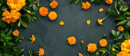 Vibrant marigold flowers and lush green leaves arranged on a dark background, creating a striking contrast and natural beauty.の素材