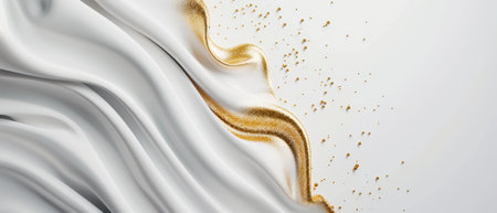 Abstract image featuring flowing white fabric with gold glitter accents, creating a luxurious and elegant background.の素材