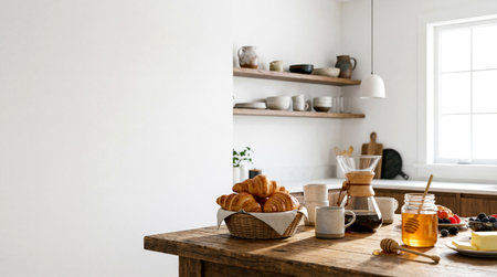 Cozy Morning Breakfast with Croissants, Coffee, Honey, and Fresh Berries on a Rustic Wooden Tableの素材