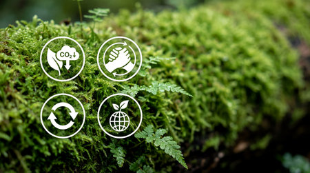 Sustainability Icons on Lush Green Moss and Fern Backgroundの素材