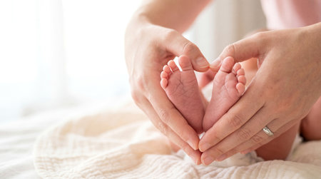 Tender Mother's Hands Forming Heart Shape Around Newborn Baby's Feetの素材