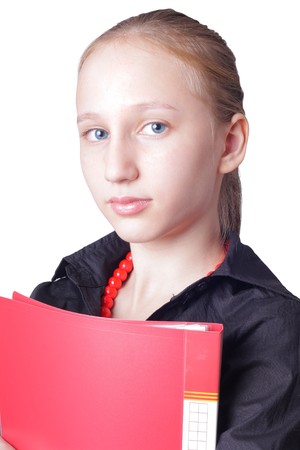 portrait excitement young girl with red folderの写真素材