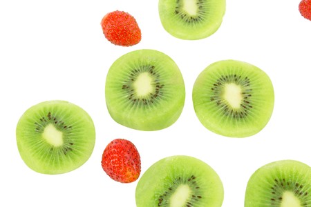 Ripe kiwi and strawberry on white background の写真素材