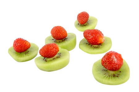 Ripe kiwi and strawberry on white background  の写真素材