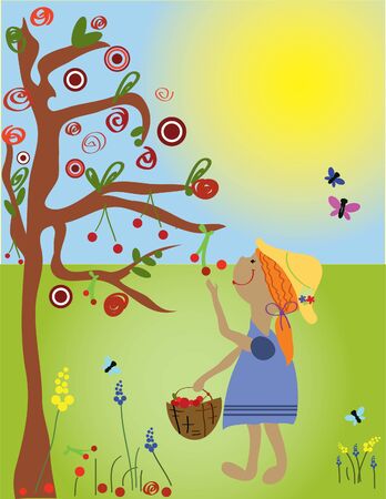 Beautirul girl collects apples in sunny dayのイラスト素材
