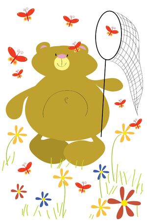 funny bear with butterfly net around flowersのイラスト素材