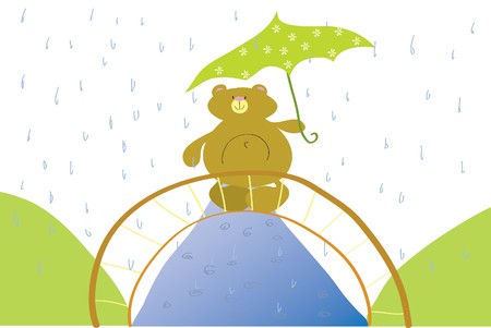 funny bear in bridge with green umbrellaのイラスト素材