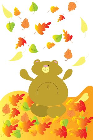 funny bear throw up bright autumn leavesのイラスト素材