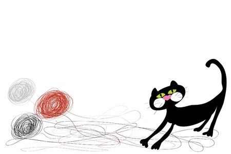 black funny domestic cat playing with threadsのイラスト素材