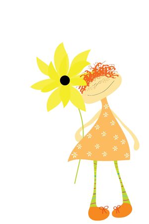 funny little redhead girl with beautiful sunflowerのイラスト素材