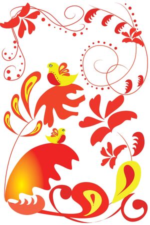 beautiful red flowers and bird on white backgroundのイラスト素材