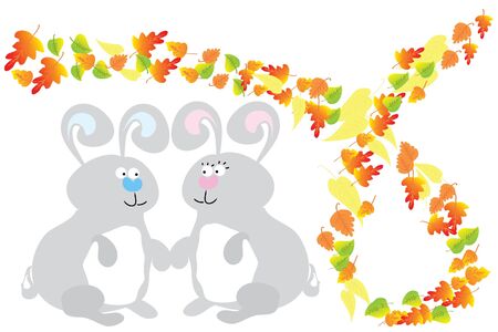 couple love fluffy smiling rabbits in autumnのイラスト素材