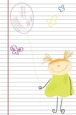 funny girl with balloon on lined sheetのイラスト素材