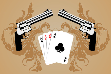 Revolver and playind cards on bround backgroundのイラスト素材