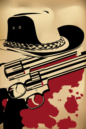 cowboy background (revolver and hat on brown)のイラスト素材