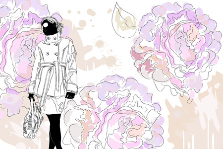 girl and flowers on backgroundのイラスト素材