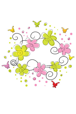 beautiful bright flowers and butterflies on white backgroundのイラスト素材