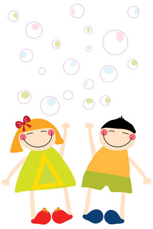 funny happy boy and girl with bubbleのイラスト素材