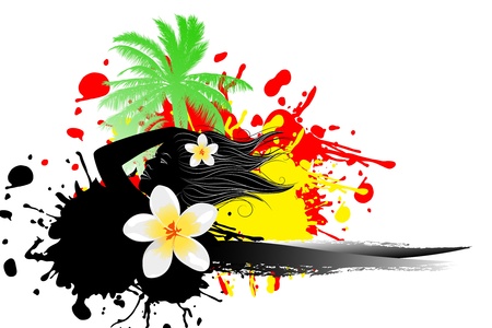 Tropical abstract background (palm, flower, sun) illustrationのイラスト素材