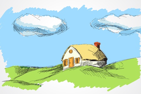 hand draw house in the meadow のイラスト素材