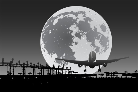 Plane silhouette with full moon on backgroundのイラスト素材