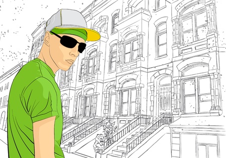  illustration of man on town sketch backgroundのイラスト素材