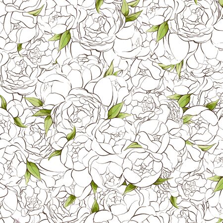 White peonies background with green leavesのイラスト素材