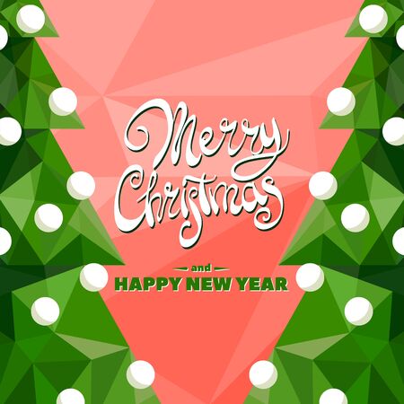 Christmas tree with a beautiful inscription Merry Christmas and Happy New Year on red backgroundのイラスト素材