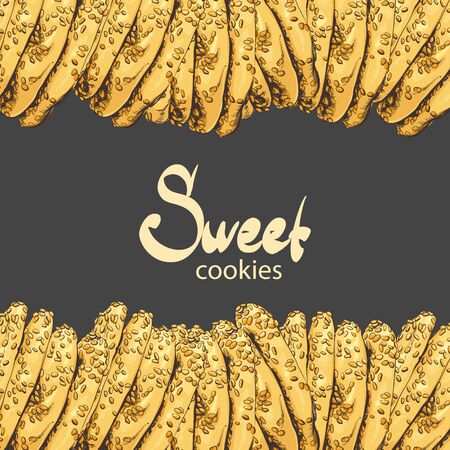 Aromatic oatmeal cookies with sesame seeds on a black background with a place for an inscriptionのイラスト素材